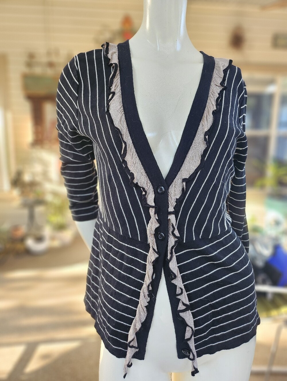 CAbi Sweater Style #276 Button Up 3/4 Sleeve Cardigan Ruffle Flirt Striped Knit